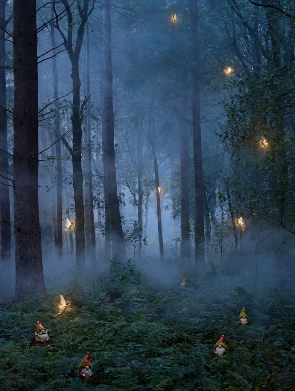 Kleine boswachters en lichtdragers tussen de varens in een mistig bos