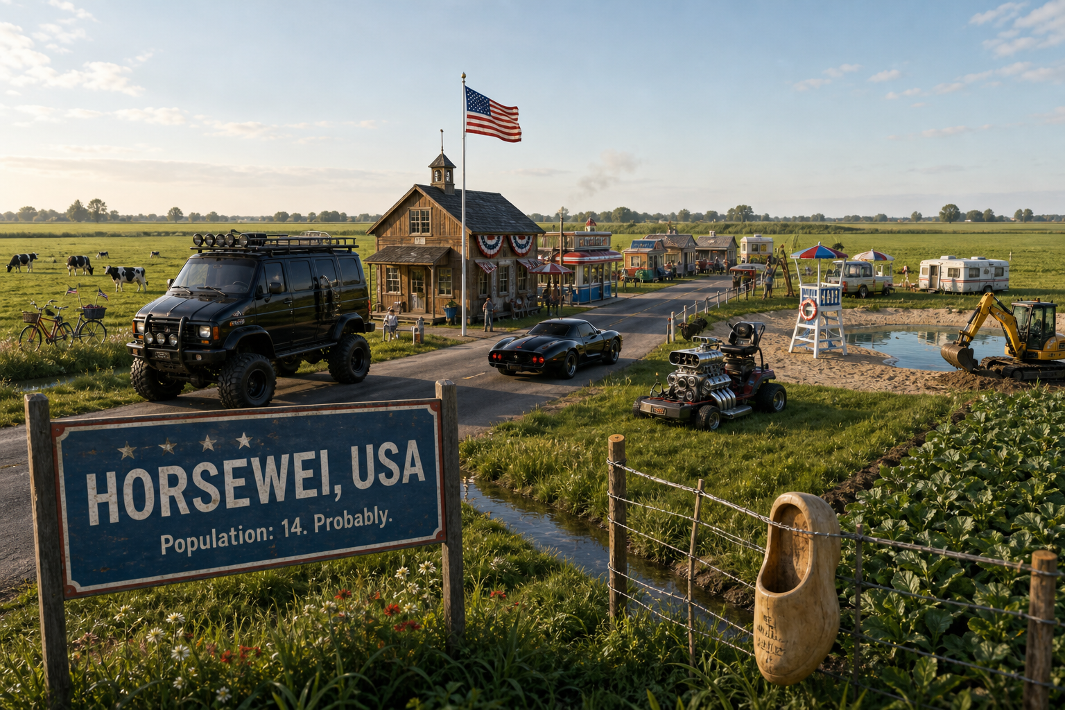 Horsewei als piepklein Amerikaans dorp in de Friese weilanden, met zwarte voertuigen, een V8-zitmaaier, kunststrand en bietenrepubliek